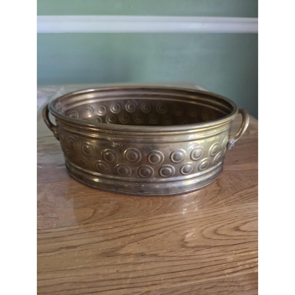Vintage Stamped Design Solid Brass Oval Planter With Handles 8"X5.5"×3"